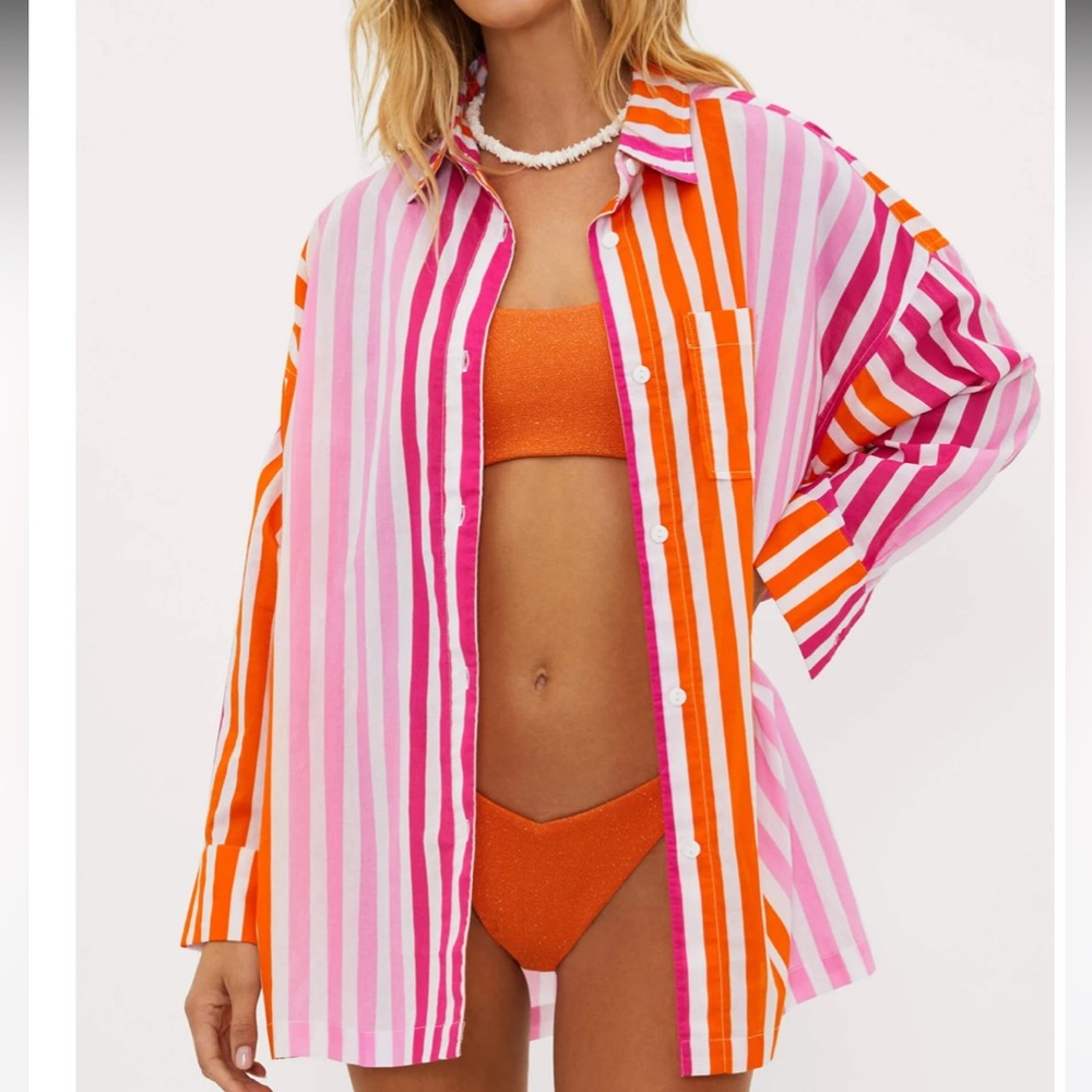 🆕 Beach Riot Alexa Top in Sunset Stripes size X/XL Pink White Orange button up